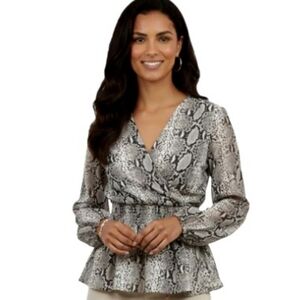 Japna Snakeprint Peplum Top Gray Cream Wrapover Bodice Ruched Waist Long Sleeves